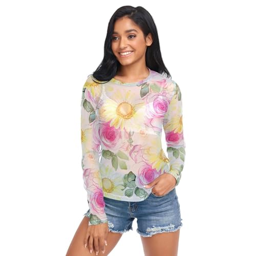 Rose Floral White See Through Tops for Women Mesh Sheer Tops Long Rose Floral White See Through Tops for Women Mesh Sheer Tops Long